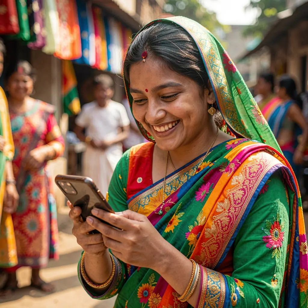Young Bangladeshi woman smiling while using the 995BDT casino app on her smartphone with colorful traditional decor behind her