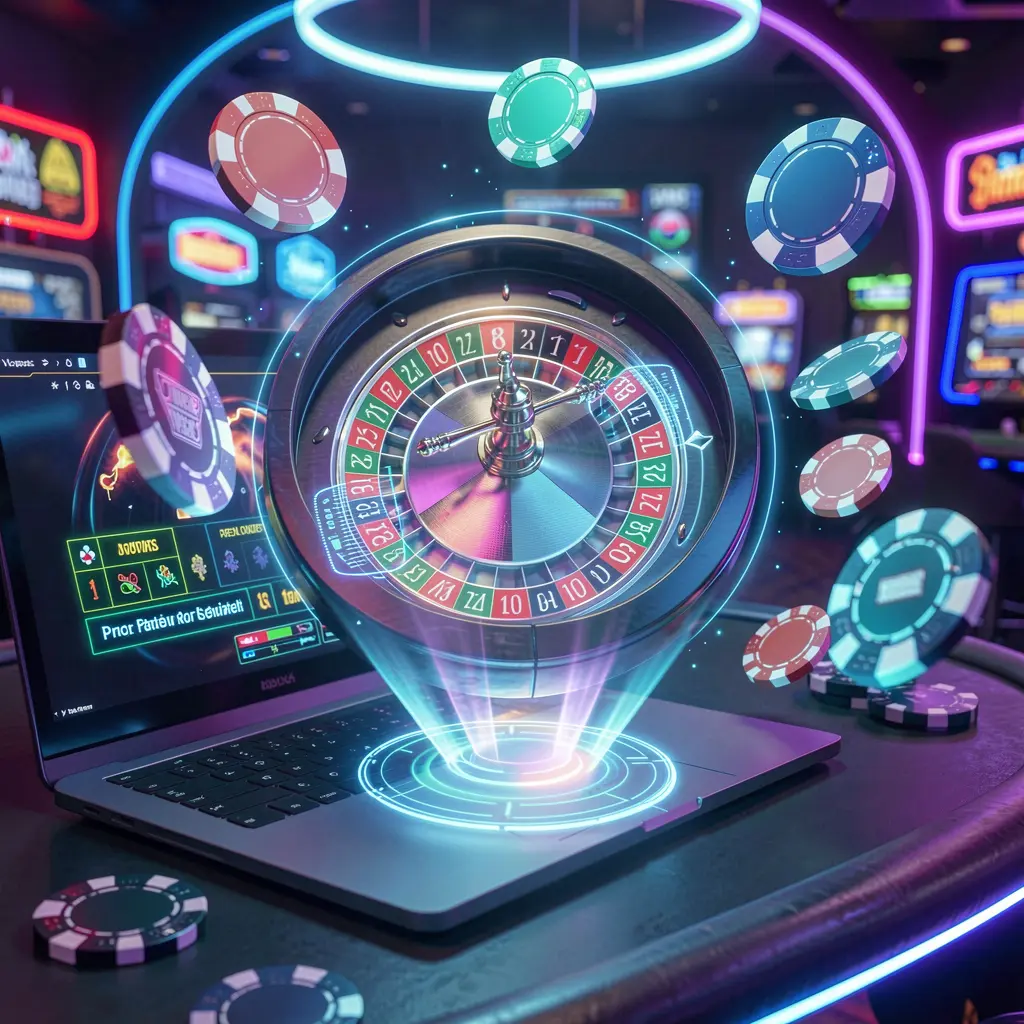 Futuristic digital roulette wheel with vibrant neon lights and floating poker chips showcasing the immersive online casino experience at 995BDT